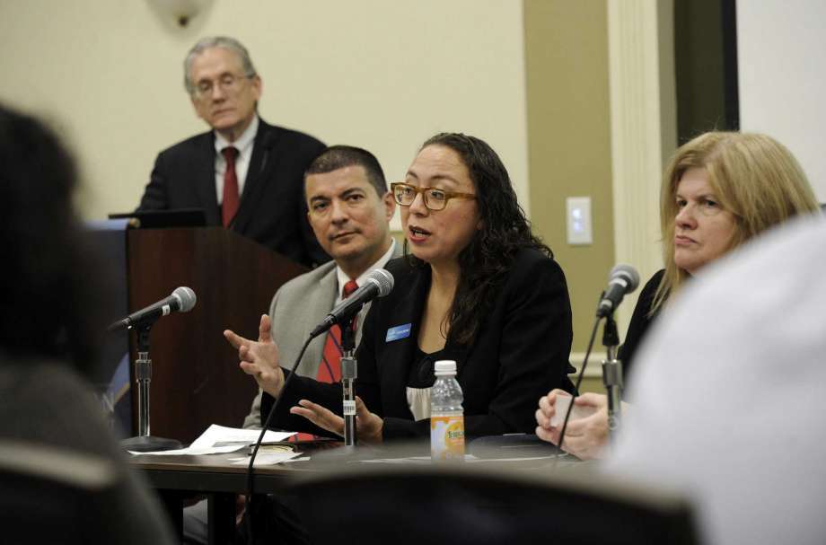Monica Guevara (center) is part of a panel during a seminar called "Access to Capital for Small Business" held at Western Connecticut State University in Nov 2016.